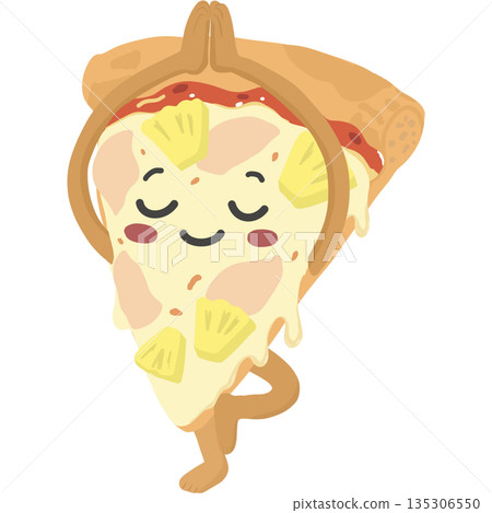 Adorable cartoon illustration of a pizza slice character practicing yoga pose with a calm smile and melted cheese texture. Pineapple toppings and soft pastel colors create a fun, relaxing, Adorable cartoon illustration of a pizza slice character practicing yoga pose with a calm smile and melted cheese texture. Pineapple toppings and soft pastel colors create a fun, relaxing, 135306550