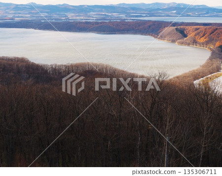 Lake Abashiri in late autumn from Tentozan Observatory in Abashiri City 135306711