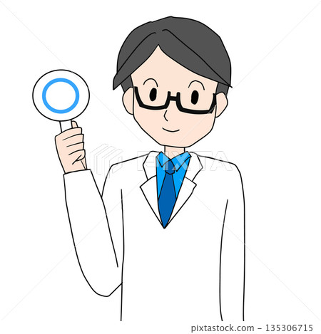 Illustration of a male doctor holding a circle mark 135306715