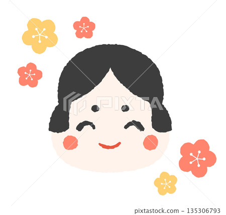 Smiling Otafuku face and plum blossoms Smiling Otafuku face and plum blossoms 135306793