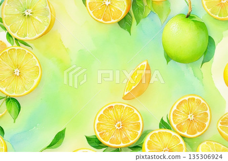 檸檬水果水彩風格圖案 135306924