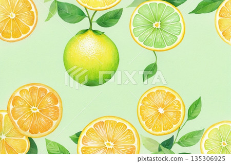 清新怡人的檸檬和葉子插畫設計 135306925