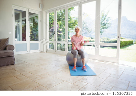 Senior woman sitting on silver stability ball on blue mat, holding pink dumbbells at home Senior woman sitting on silver stability ball on blue mat, holding pink dumbbells at home 135307335