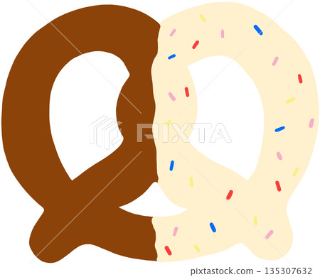 Hand drawn pretzel flavours of white chocolate and sprinkles for bakery, pastry, fast food, menu, recipe, sweet dessert, baking book, cafe, restaurant, grocery shopping, American snack 135307632