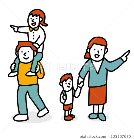 A child being carried on the shoulders of his father and another child being led by his mother - Illustration of a family who has found something 135307670