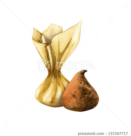 Chocolate truffle, candy in gold foil wrapper. Premium confectionery product, a gourmet dessert, candies sprinkled with cocoa powder. Hand drawn watercolor clip art isolated on transparent background 135307717