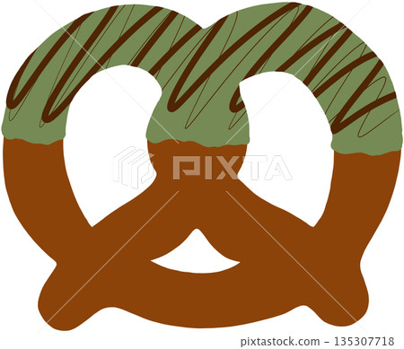 Hand drawn pretzel flavours of matcha and chocolate sauce for bakery, pastry, fast food, menu, recipe, sweet dessert, baking book, cafe, restaurant, grocery shopping, American snack 135307718