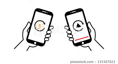 Two Hands Holding Smartphones Showing Playback And Timer On Screen. Two Hands Holding Smartphones Showing Playback And Timer On Screen. 135307822