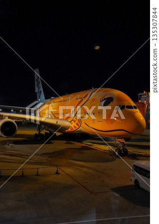 ANA Flying Honu at night at Narita Airport. A parked plane. 135307844