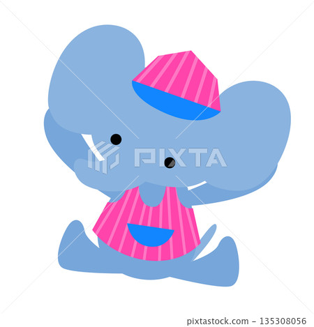 A cute illustration of an elephant wearing an ice cream shop hat 135308056