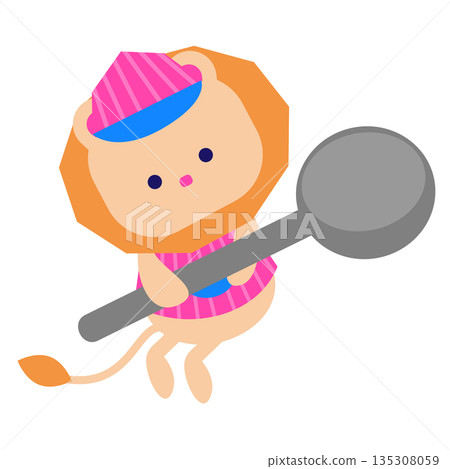 A cute illustration of a lion wearing an ice cream vendor's hat and holding a spoon 135308059