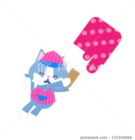 A cute illustration of a cat at an ice cream shop holding a big popsicle 135308066