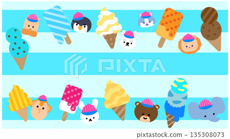 冰淇淋店裡各種冰淇淋和動物形象的插圖 135308073