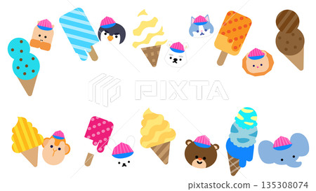 Cute illustrations of various ice creams and animal characters 135308074