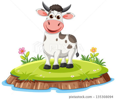 Cartoon Cow Standing on Grassy Island with Flowers Cartoon Cow Standing on Grassy Island with Flowers 135308094