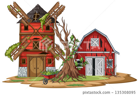 Abandoned Red Farmhouse and Windmill with Dead Tree 135308095