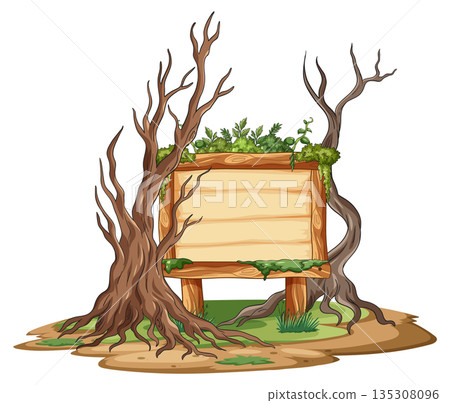 Abandoned Wooden Sign Overgrown with Twisted Trees and Moss 135308096