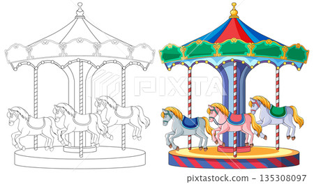 Colorful Carousel Horses with Matching Line Art Outline 135308097