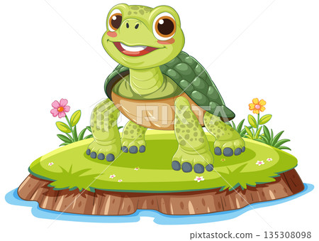 Smiling Cartoon Turtle Standing on Grassy Island 135308098