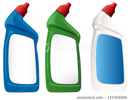 Three Plastic Cleaning Bottles with Red Caps in Row Three Plastic Cleaning Bottles with Red Caps in Row 135308099