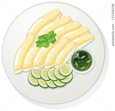 Sliced Hainanese Chicken with Cucumber and Dipping Sauce 135308106