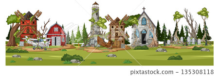 Abandoned Rural Village with Ruined Buildings and Graveyard Abandoned Rural Village with Ruined Buildings and Graveyard 135308118