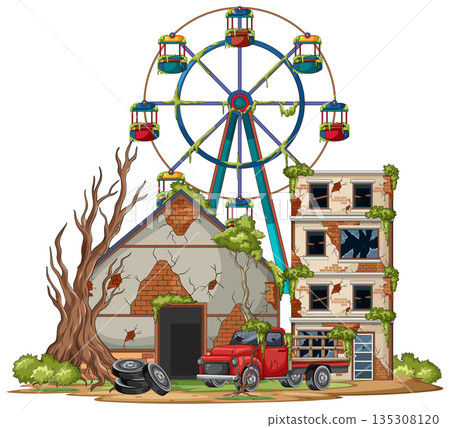 Abandoned Ferris Wheel and Buildings in Overgrown Ruins 135308120