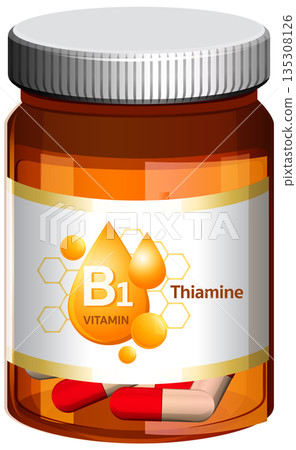 Vitamin B1 Thiamine Supplement Bottle with Capsules Vitamin B1 Thiamine Supplement Bottle with Capsules 135308126
