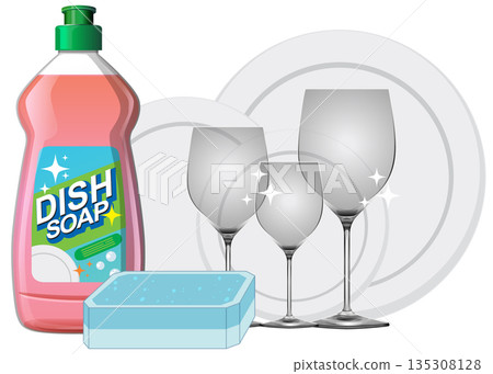 Dish Soap and Clean Wine Glasses with Sponge Illustration Dish Soap and Clean Wine Glasses with Sponge Illustration 135308128