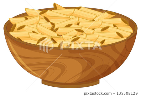 Wooden Bowl Filled With Penne Pasta Illustration 135308129