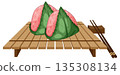 Strawberry Mochi Wrapped in Leaves on Bamboo Mat 135308134