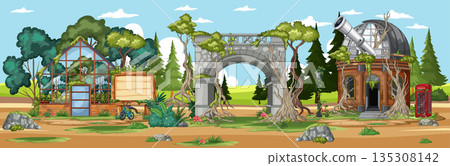 Overgrown Observatory and Greenhouse Ruins in Countryside Landscape Overgrown Observatory and Greenhouse Ruins in Countryside Landscape 135308142