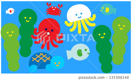 Illustration of cute sea creatures gathering in the ocean Illustration of cute sea creatures gathering in the ocean 135308148