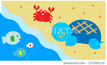 Cute illustration of turtles and crabs gathering at the beach Cute illustration of turtles and crabs gathering at the beach 135308150