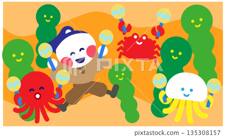 龍宮城裡被海洋生物包圍的浦島太郎的可愛插圖 龍宮城裡被海洋生物包圍的浦島太郎的可愛插圖 135308157