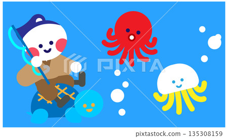 浦島太郎在海裡遇到海洋生物的可愛插圖 浦島太郎在海裡遇到海洋生物的可愛插圖 135308159