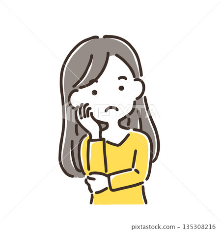 一位年輕女子歪著頭沉思 / 簡單的顏色 / 單件物品 135308216