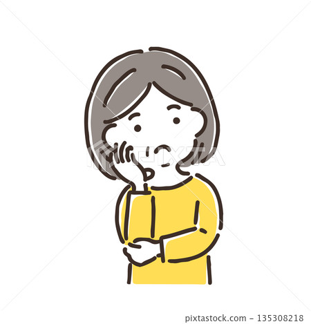 A middle-aged woman tilting her head in thought / Simple color / Single item 135308218