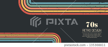 Stripe rainbow groovy. Artistic wallpaper with hippie feel, featuring curved stripes and dynamic wavy lines. Retro vector illustration 135308811