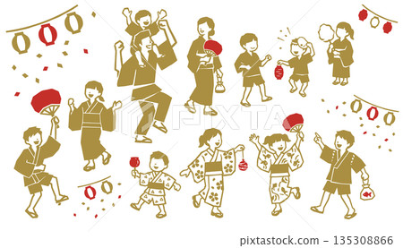 一組以夏季祭典為主題的印刷風格插圖。向量素材，描繪了身著浴衣的父母和孩子們在盂蘭盆舞和美食攤位前享受歡樂時光的場景。 135308866