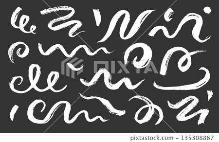 Hand painted brush stroke curves, chinese swirls, line calligraphy element set. Hand drawn chinese brush paint stroke swish, swoosh wave grunge textured doodles on chalkboard. Vector Hand painted brush stroke curves, chinese swirls, line calligraphy element set. Hand drawn chinese brush paint stroke swish, swoosh wave grunge textured doodles on chalkboard. Vector 135308867
