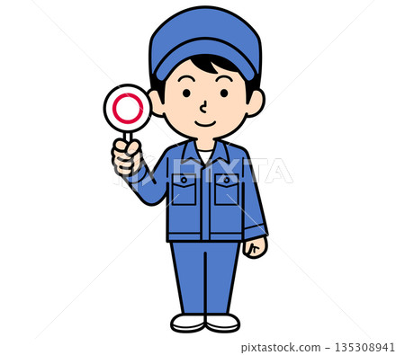 A simple worker man holding a round bill 135308941