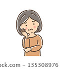 A middle-aged woman tilting her head and thinking / Single item 135308976