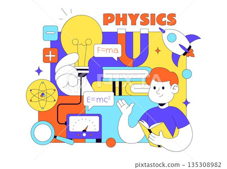 Physics Education Vector Illustration Showing Students Investigating Electricity, Magnetism, Light Waves, Forces, Scientific Technology Exploration 135308982