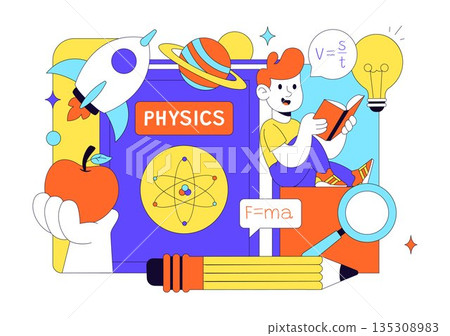 Physics Education Vector Illustration Showing Students Investigating Electricity, Magnetism, Light Waves, Forces, Scientific Technology Exploration 135308983