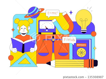 Physics Education Vector Illustration Showing Students Investigating Electricity, Magnetism, Light Waves, Forces, Scientific Technology Exploration 135308987