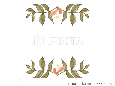 Floral frame horizontal border, peach blossoms, green leaves, watercolor hand-painted illustration isolated on white, botanical design ideal for wedding stationery, invitations, greeting cards Floral frame horizontal border, peach blossoms, green leaves, watercolor hand-painted illustration isolated on white, botanical design ideal for wedding stationery, invitations, greeting cards 135309080