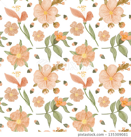 Seamless watercolor floral pattern peach flowers, green foliage in balanced botanical composition on white background. Elegant surface design for fashion textiles, wallpaper, packaging, home decor. Seamless watercolor floral pattern peach flowers, green foliage in balanced botanical composition on white background. Elegant surface design for fashion textiles, wallpaper, packaging, home decor. 135309081