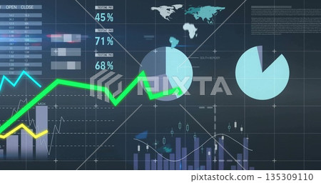 Displaying neon green line graph crossing dashboard on screen, with yellow overlay, purple bars 135309110