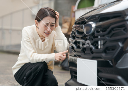 女性檢查汽車划痕 女性檢查汽車划痕 135309371